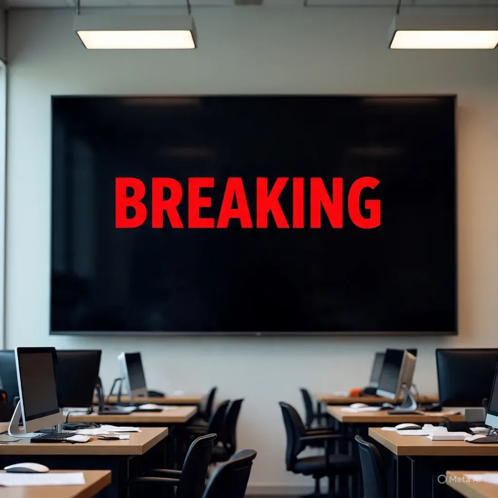 Breaking news announcement screen in a Wellspring University lecture room